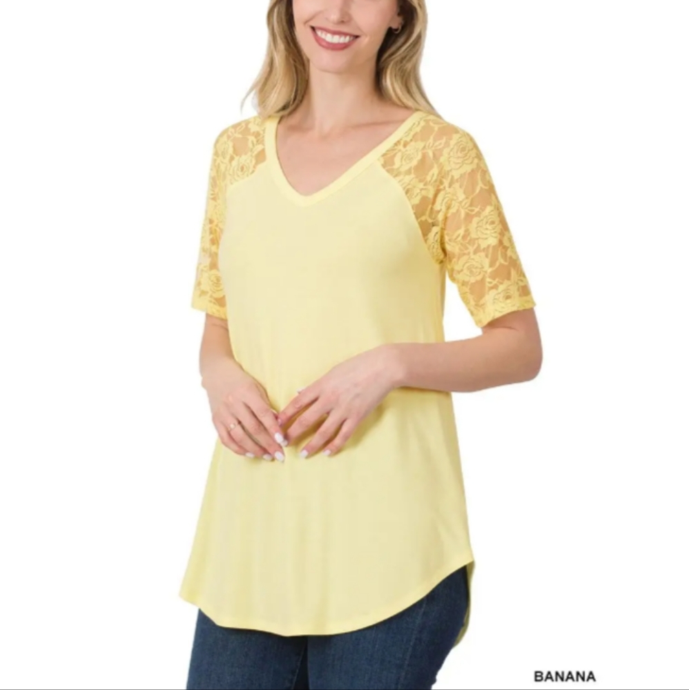 Zenana Lace- Shorts Sleeve V-Neck shirt